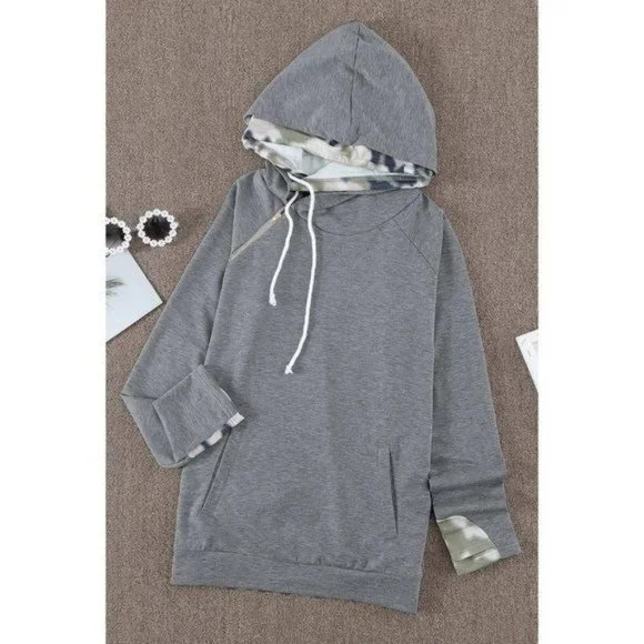 Gray Double Hooded Sweatshirt with Camo Elbow Patch and Inner Hooded 2XL - Picture 6 of 11